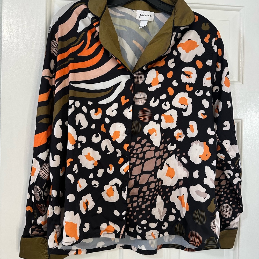 Colorful Patterned Button-Up satin pajama set.